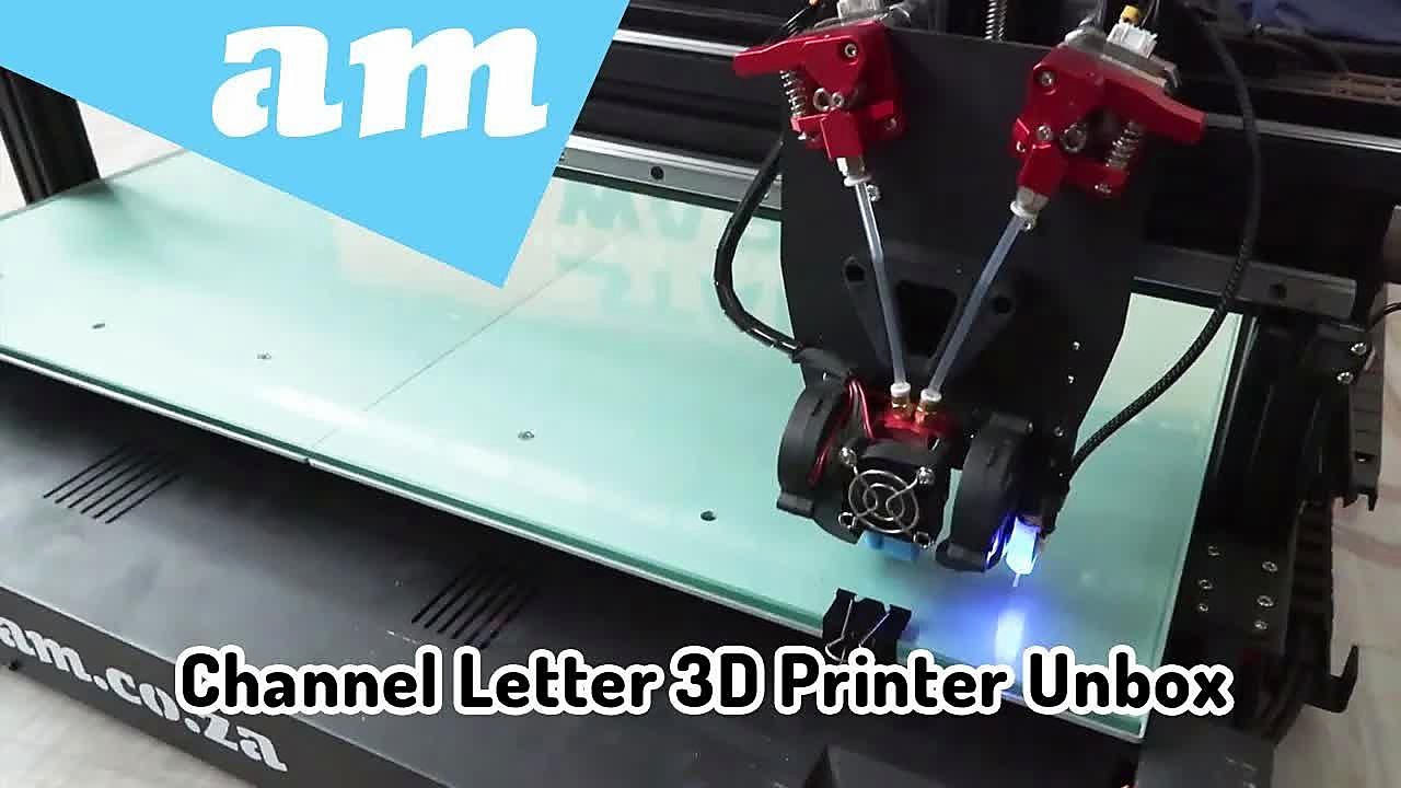 Dual red extruders over green bed — Channel Letter unbox (SKU ask)
