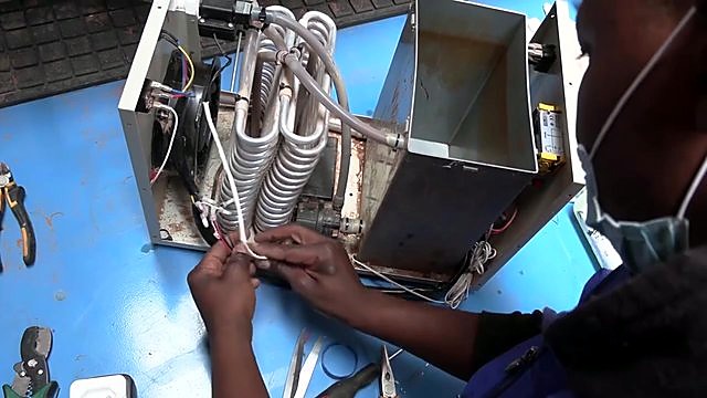 Chiller panels-off — stainless tank + coils + fan (SKU ask)