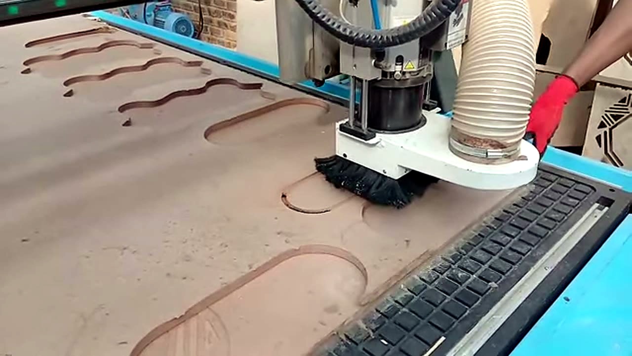 R-2030K/90L ATC CNC cutting Supawood MDF 16mm (text/shape) on MDF spoilboard