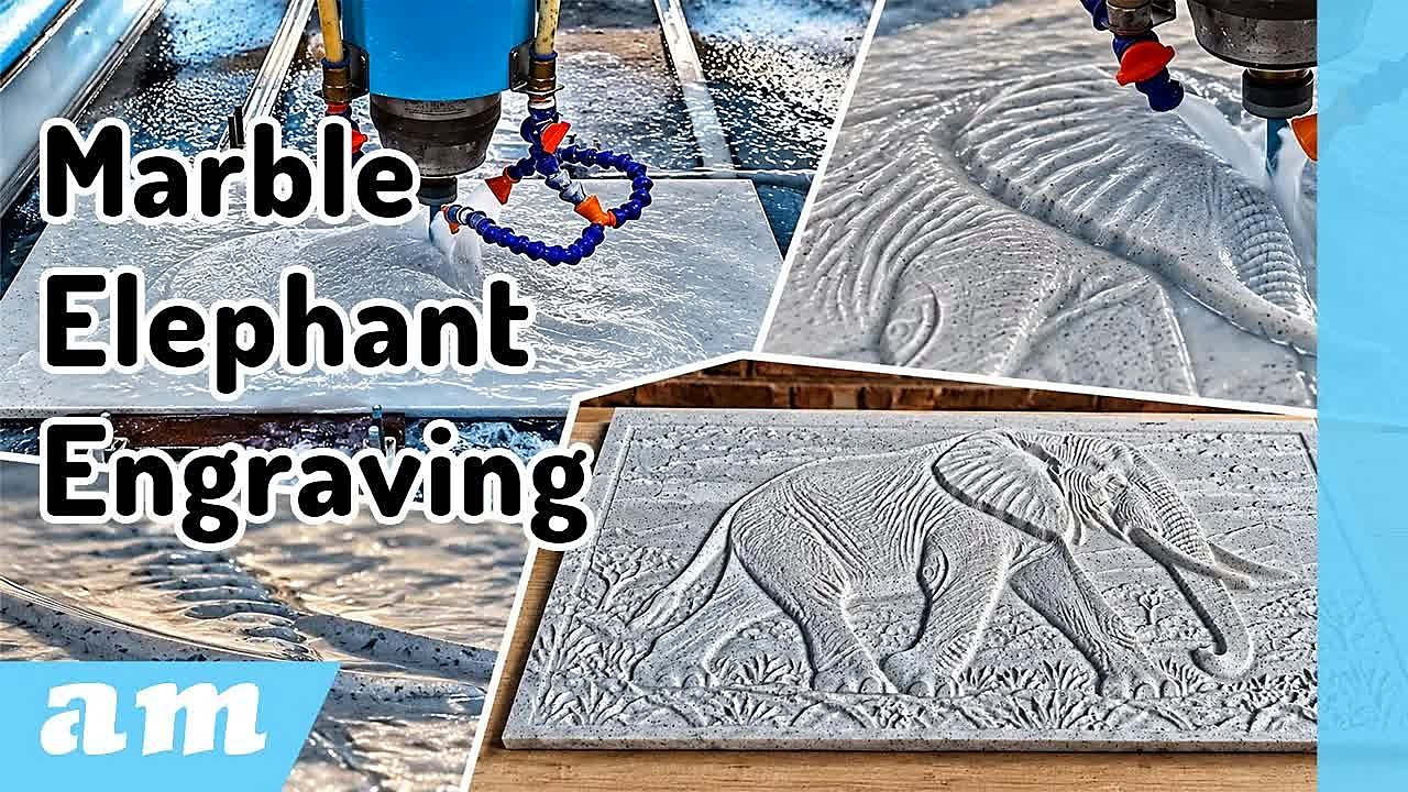 Finished 3D elephant relief on a marble slab beside the EasyRoute stone router spindle carving with coolant