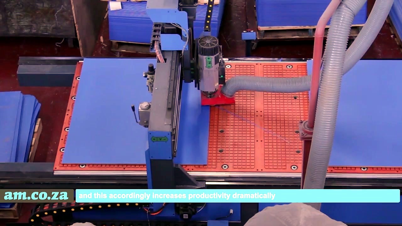 Gantry + dust hose cutting blue sheet (SKU ask)