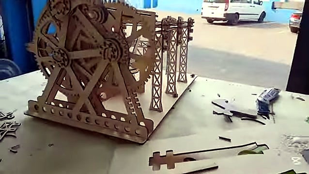 Assembled wooden mechanical marble-run model (SKU ask)