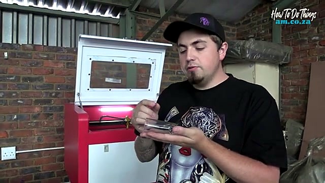 Presenter with red/white TruCUT desktop cabinet (SKU ask)