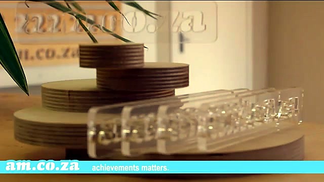 Finished clear am.co.za plexiglas plaques on wood base (SKU ask)