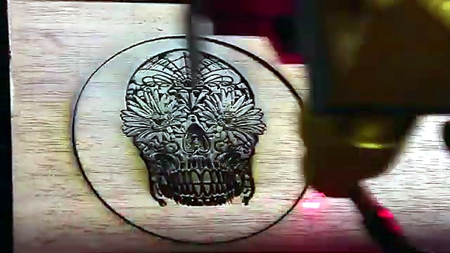 Sugar-skull wood engrave mid-pass red guide dot (SKU ask)