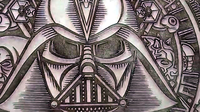 Close engraved Star Wars character motifs on Supawood (SKU ask)