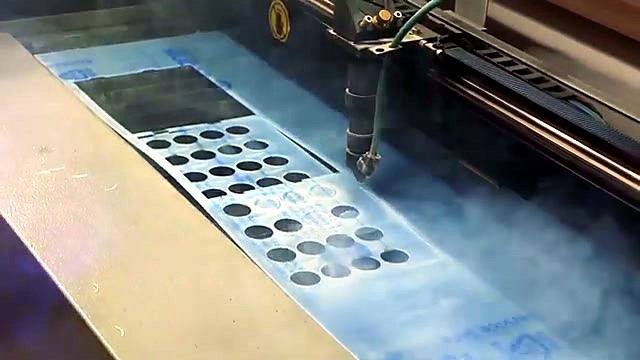 Blue-masked plexiglas dense circle cut with smoke (SKU ask)