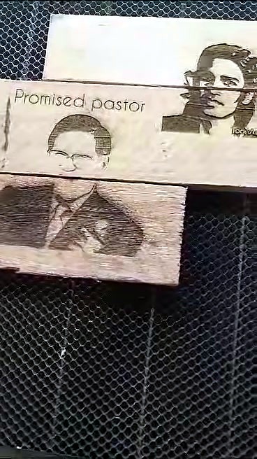 Wood portraits + Promised pastor text on honeycomb bed (SKU ask; title said marker)