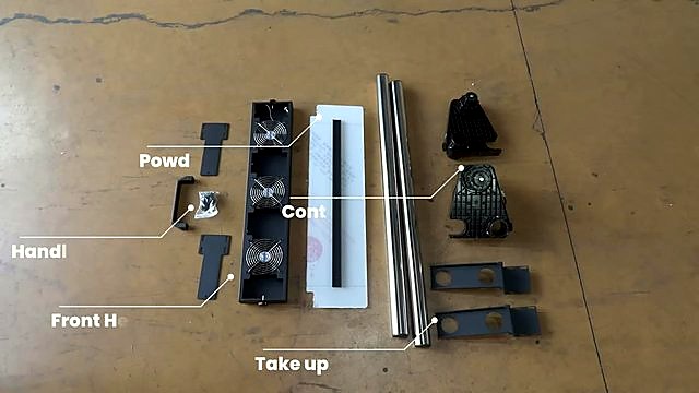 Labeled parts: powder plate, take-up rails, front heater (SKU ask)