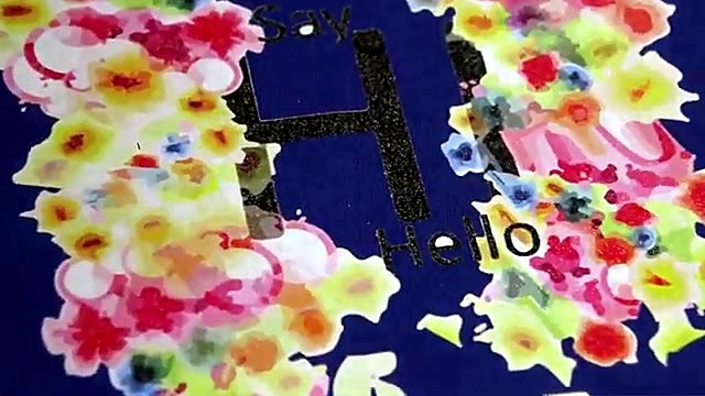 Finished glitter Say Hi Hello floral on navy tee (SKU ask)
