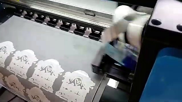 Close-up of the dual-head carriage over printed DTF film