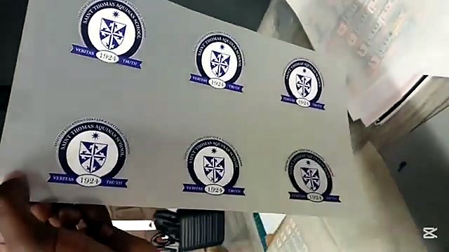 Hand holds finished school crest logos on film (SKU ask)