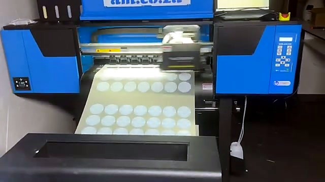 Carriage printing white circles; oven at exit (SKU ask)