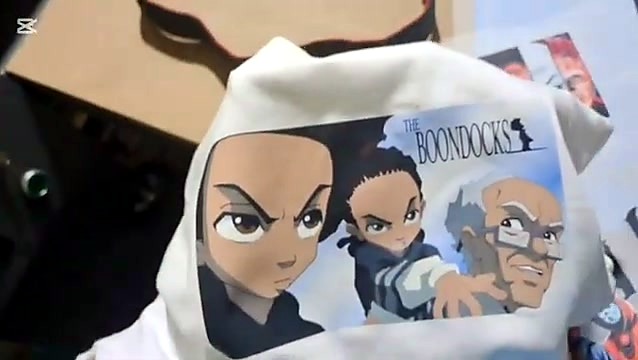 Boondocks transfer on white tee result (SKU ask)
