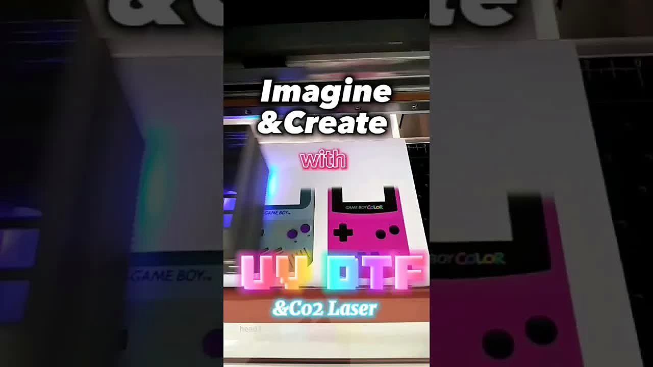 YouTube thumb — UV DTF + CO2 Game Boy Perspex (SKU ask)