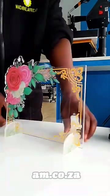 Finished standing floral+gold Perspex plaque held up (SKU ask)