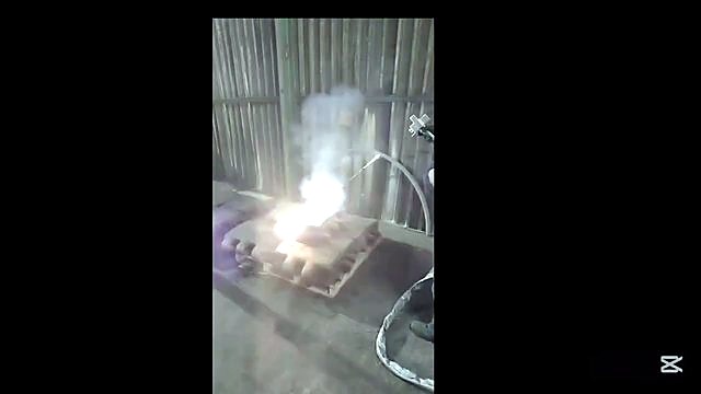 Gun on cast metal — flash + smoke plume (SKU ask)