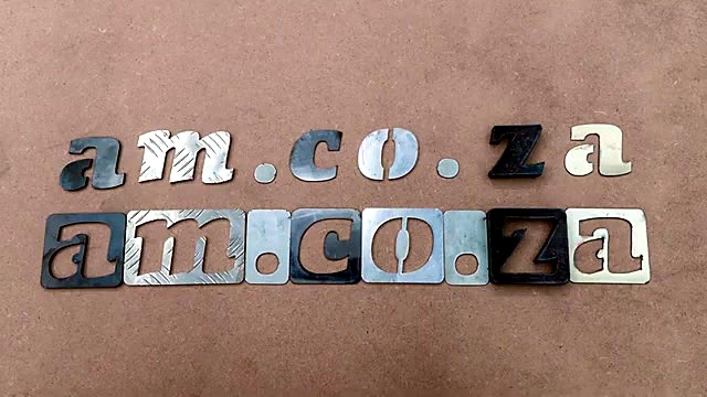 Finished am.co.za metal logo cutouts (SKU ask)