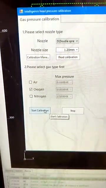 Gas pressure calibration UI — Double 1.20mm Oxygen Start (SKU ask)