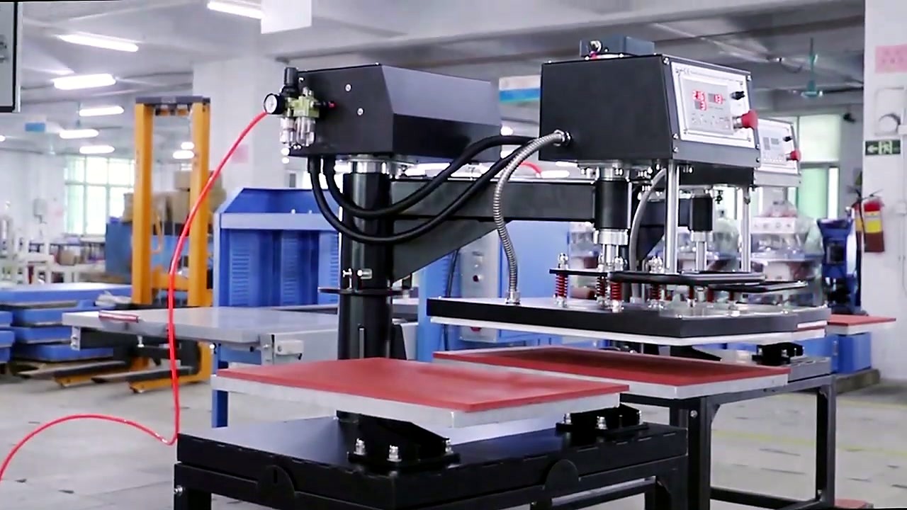 Dual red platens — full pneumatic double-station press (SKU ask)