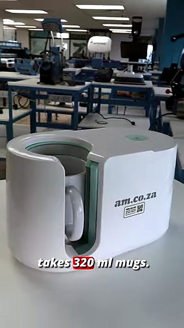 Automatic mug press am.co.za with 320 ml mug inserted (SKU ask)