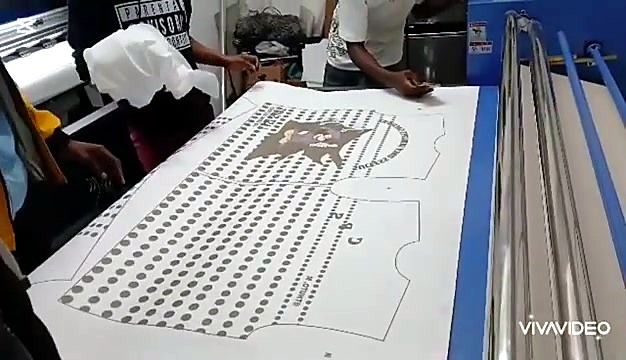 Mickey garment panels laid on roller feed table (SKU ask)
