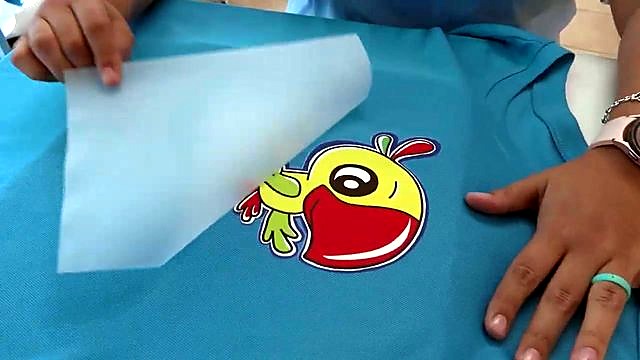 Peel cartoon bird transfer on blue tee (SKU ask)