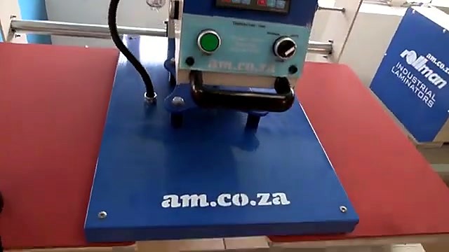 Blue flatbed heat press with am.co.za on base (SKU ask)
