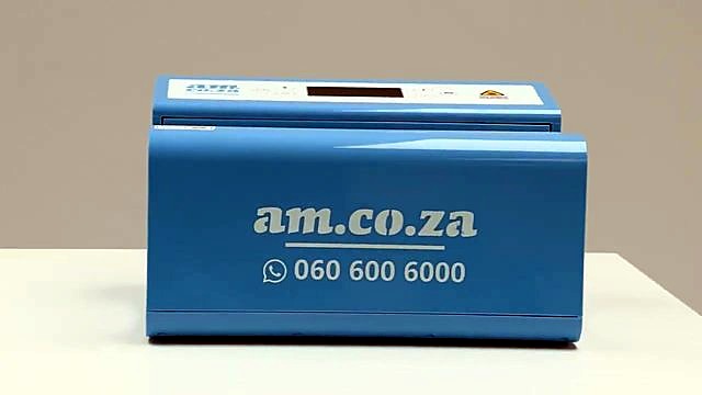 Front am.co.za branding on light-blue tumbler press (SKU ask)