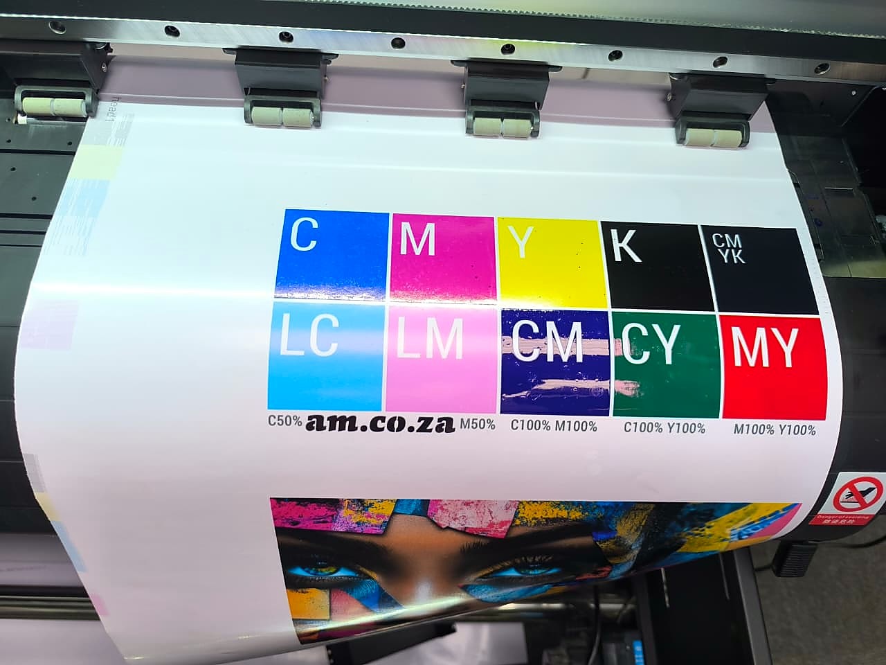 F2-1800 FastCOLOUR ONE: C/M/Y/K + LC/LM/CM/CY/MY colour-block test with am.co.za branding above portrait print, pinch rollers visible (staff still)
