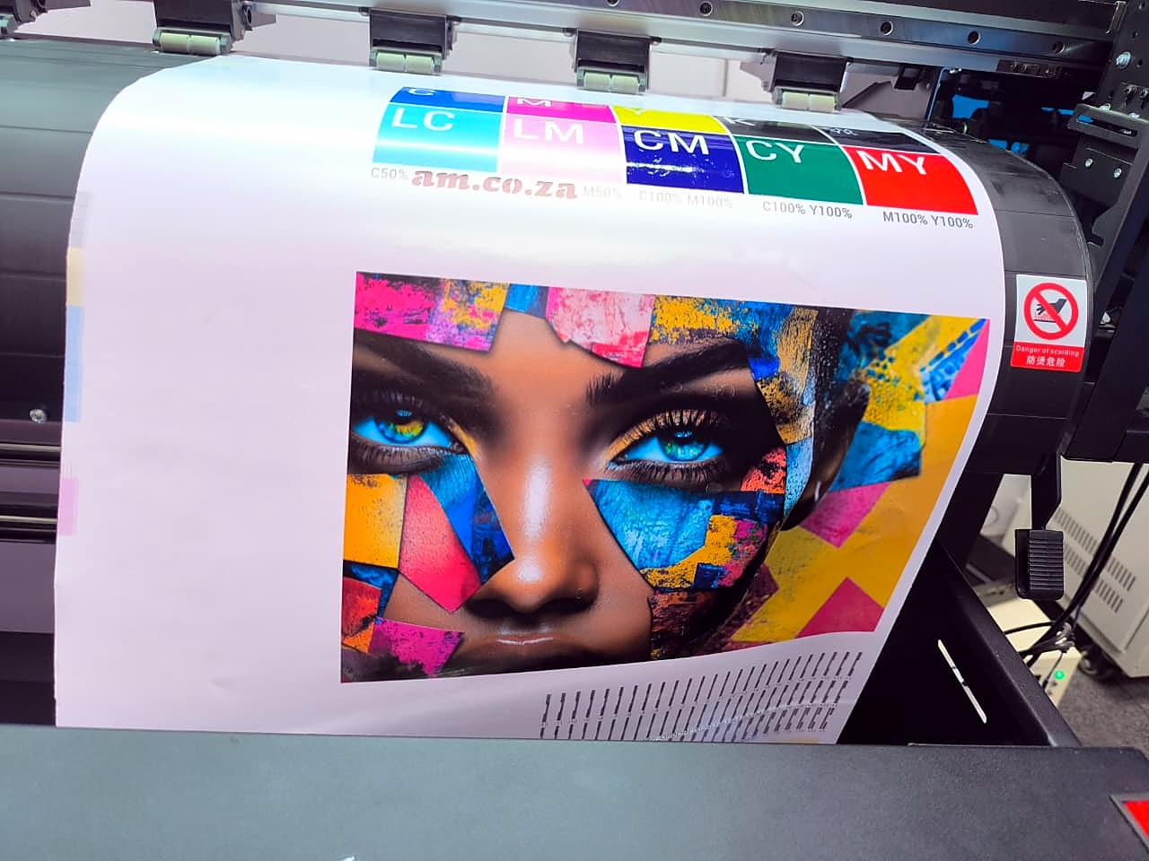 F2-1800 FastCOLOUR ONE: vivid multicolour pop-art face portrait print with am.co.za LC/LM/CM/CY/MY colour bars coming off the printer (staff still)