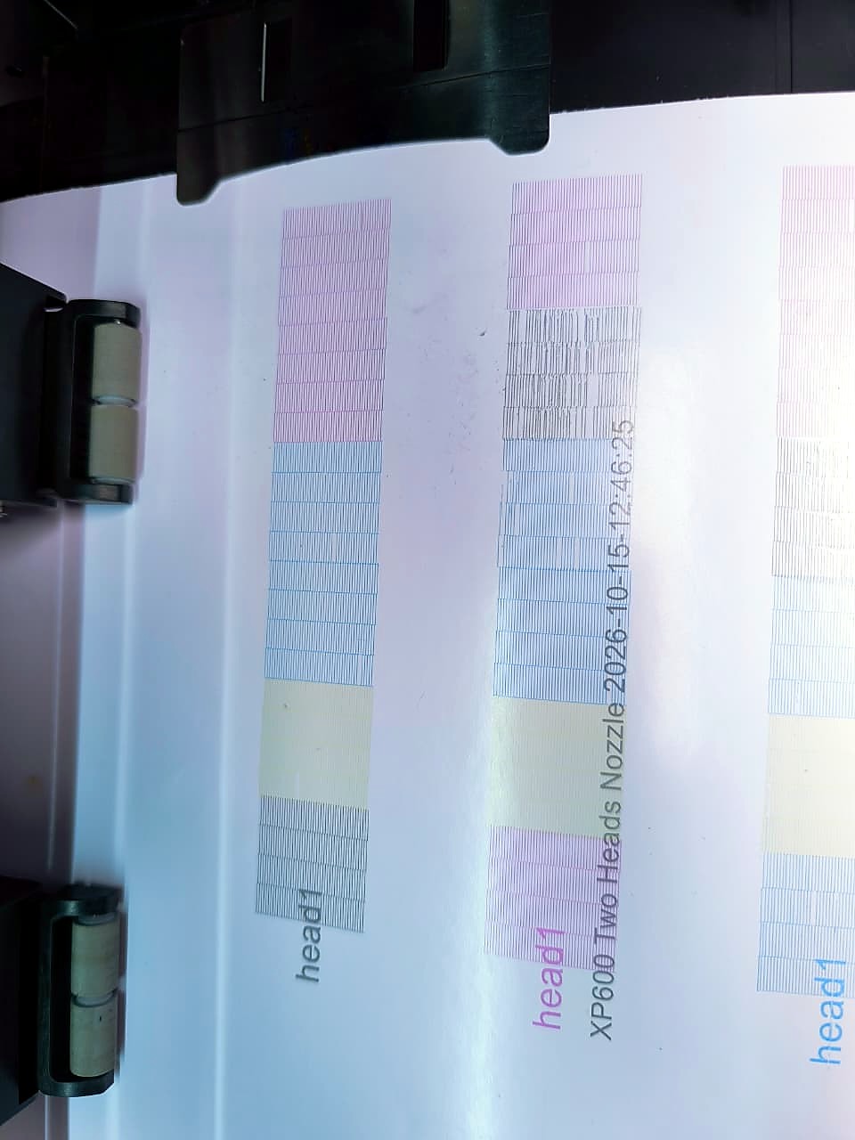 F2-1800 FastCOLOUR ONE: 'XP600 Two Heads Nozzle' nozzle-check test print dated 2026-10-15 on white media (staff still)
