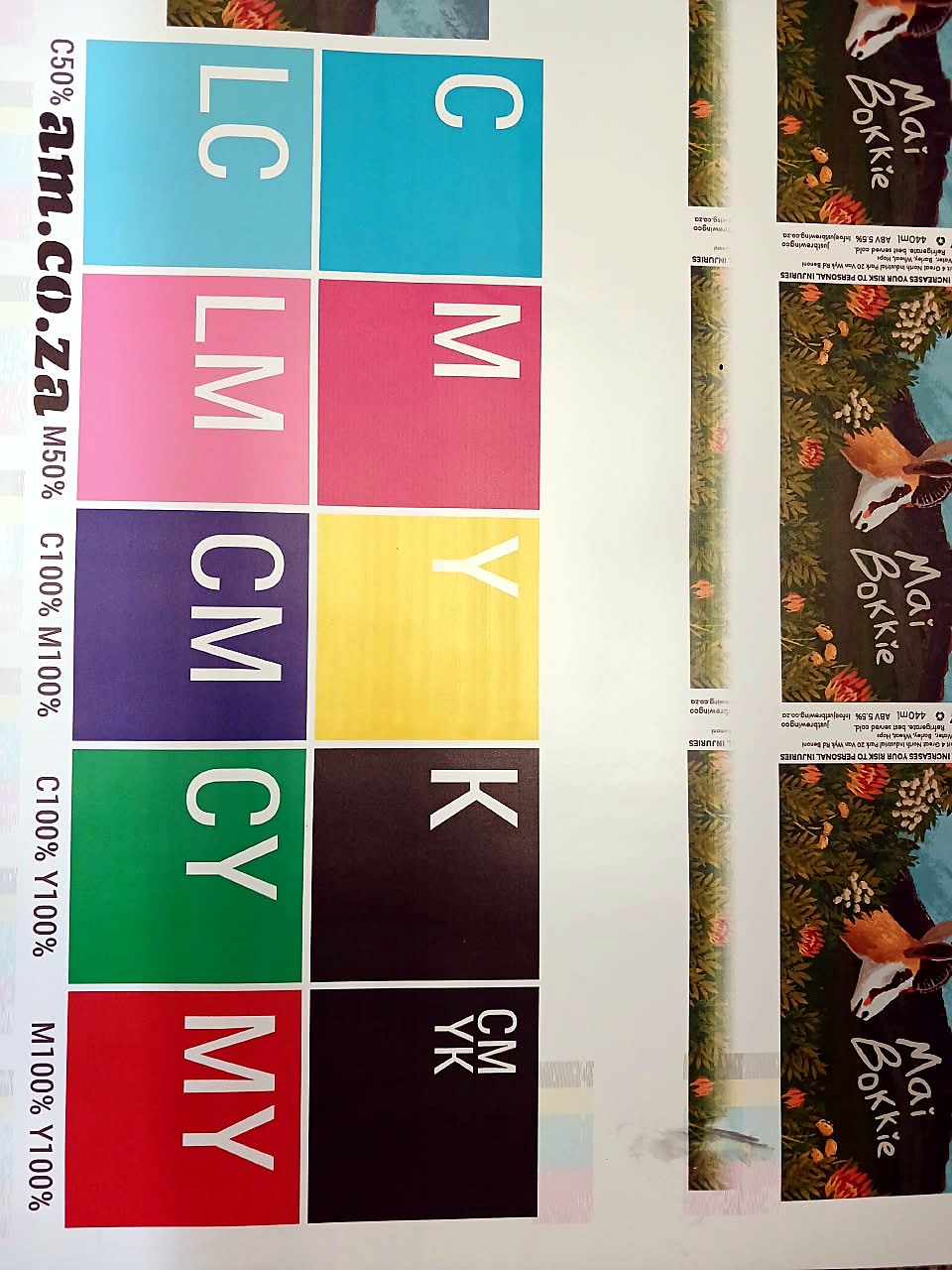 F2-1800D FastCOLOUR print: CMYK/LC/LM colour chart + Mai Bokkie label strip (staff still)