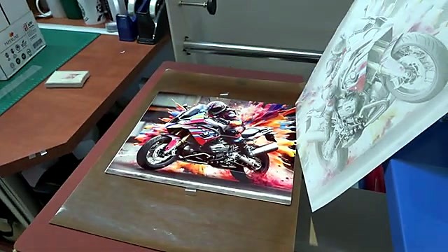 Peel revealing glossy motorcycle on coated aluminium (SKU ask)