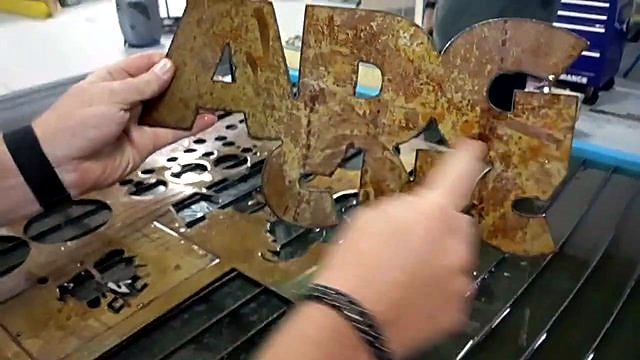 Finished ABC rusty-metal logo held up (SKU ask)