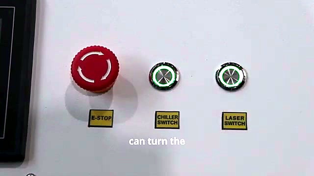 E-STOP + CHILLER + LASER switches on white cabinet (SKU ask)