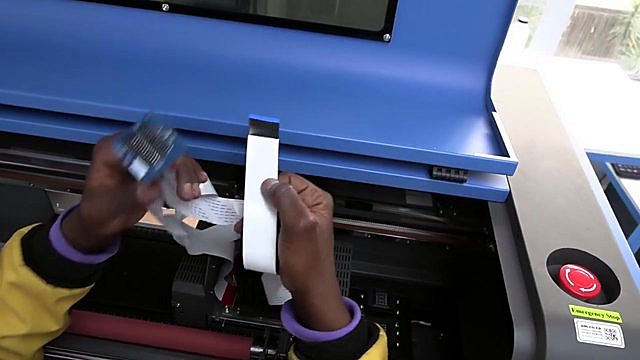 Open blue lid ribbon install + red e-stop (SKU ask)