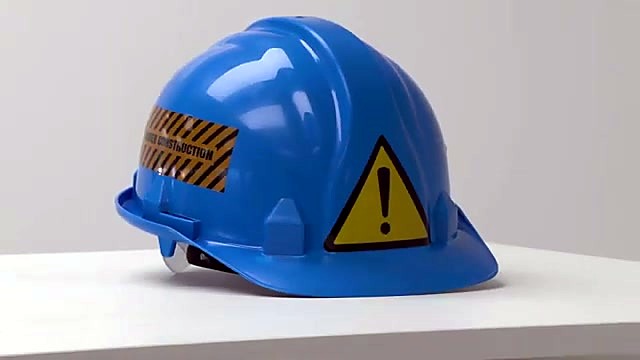 Blue hard hat with applied caution stickers result (SKU ask)