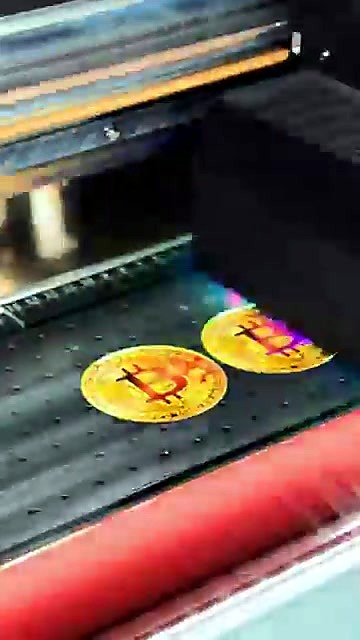 UV cure glow over gold Bitcoin stickers (SKU ask)