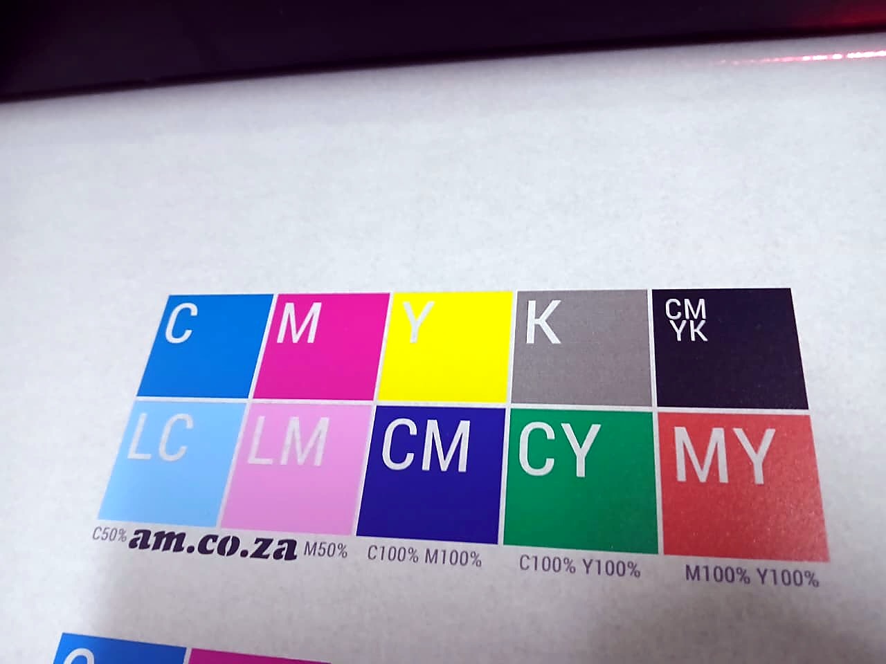 F2-6090C FlatPrint UV: wax-paper CMYK/LC/LM color blocks close-up (staff still)