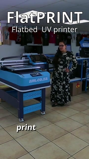 Presenter beside FlatPRINT on wheeled stand (SKU ask)