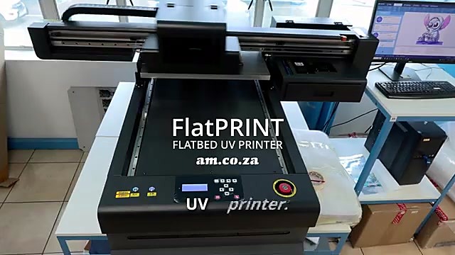 FlatPRINT-class black flatbed UV + LCD/estop + workstation (SKU ask)