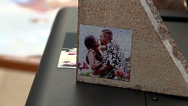 Finished colour photo print on triangular granite (SKU ask)