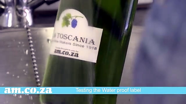 Water droplets on waterproof wine label (SKU ask)